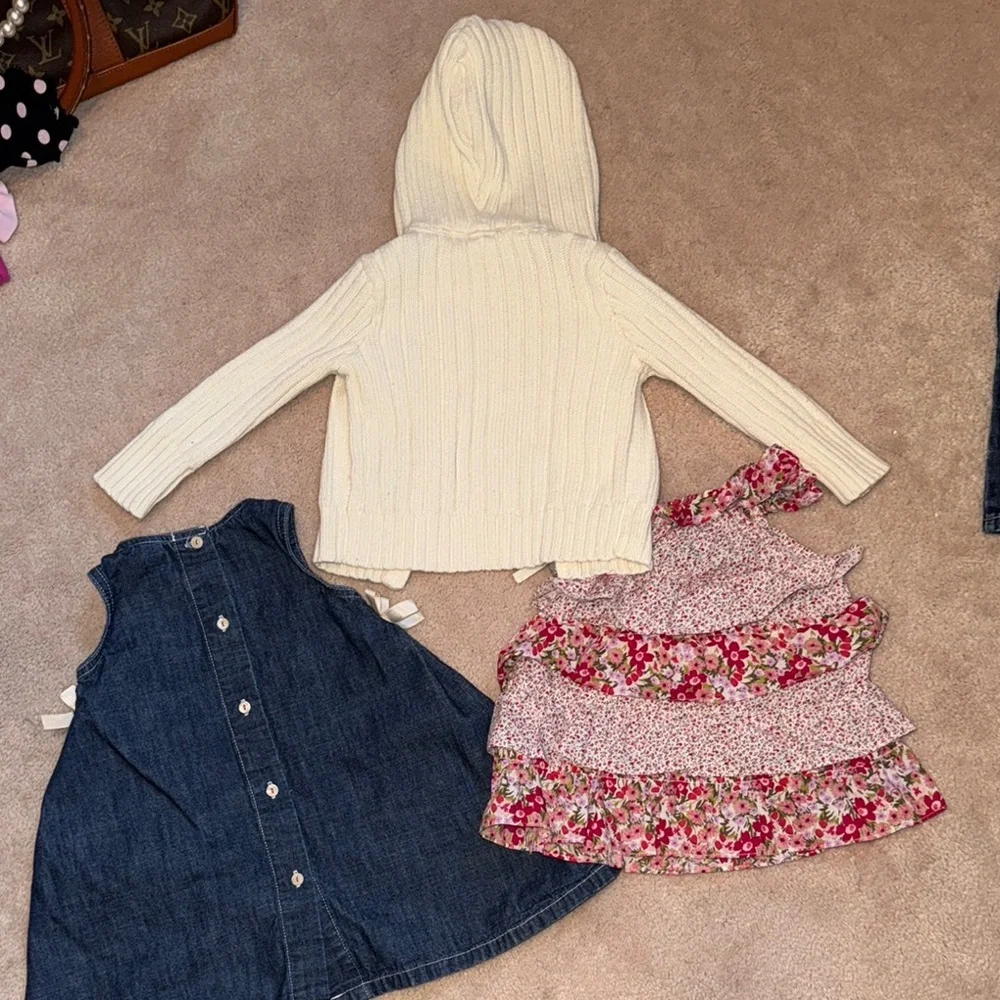Cream Knit Hoodie with Floral Shirt and Denim Dress Set 18-24 months